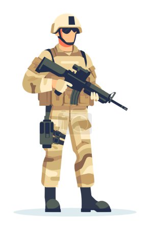 Soldier camouflage uniform helmet holding rifle. Military service member, ready duty vector illustration