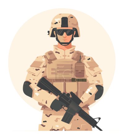 Male soldier camouflage uniform holding rifle, wearing tactical vest helmet. Military personnel confident posture. Soldier ready mission vector illustration