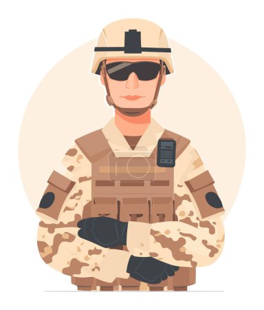 Military man camo helmet sunglasses, standing confidently, arms crossed. Soldier uniform ready duty vector illustration