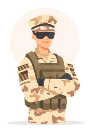 Smiling soldier camouflage uniform sunglasses. Military person standing confidently, arms crossed. Pride service vector illustration
