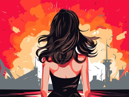 Illustration for Woman watching disaster destruction city explosion. Heroine observes apocalypse cityscape ruins. Empowerment crisis vector illustration - Royalty Free Image