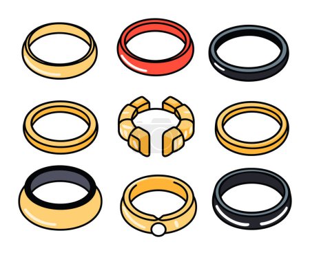 Verschiedene handgezeichnete Armbänder Ringe Set. Zeichentrickschmuck-Accessoires Illustration. Sammlung modische Armbänder Fingerringe Vektorillustration