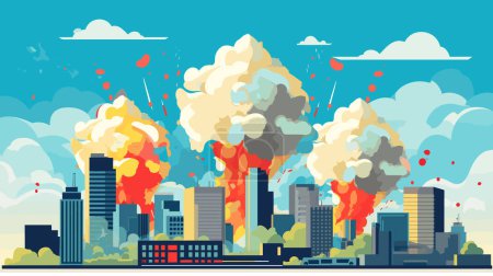 City skyline explosions, smoke, fire modern urban setting. Catastrophic event downtown district. Disaster scenario, urban crisis vector illustration
