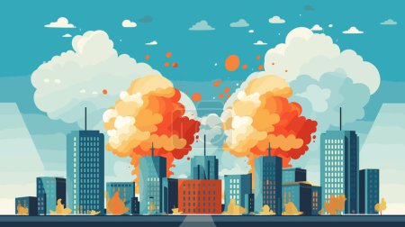 City skyline large explosion clouds, fire smoke over buildings. Urban catastrophe disaster scene. Emergency chaos downtown vector illustration