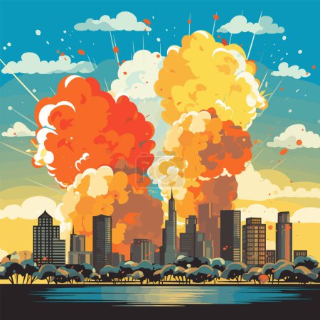 Illustration for Explosive cityscape towering inferno, urban skyline fire, disaster scene. Catastrophic event, emergency chaos concept vector illustration - Royalty Free Image