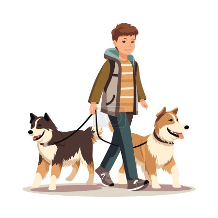 Young man walking two happy dogs, casual outdoor stroll pets. Pet care active lifestyle animals vector illustration