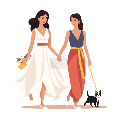 Two stylish women walking together, one holding flowers, dog leash. Friends enjoy leisurely walk. Fashionable city life friendship vector illustration