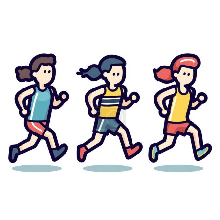Illustration for Three cartoon kids running side side sporty outfits. Young runners race. Children active lifestyle exercise vector illustration - Royalty Free Image