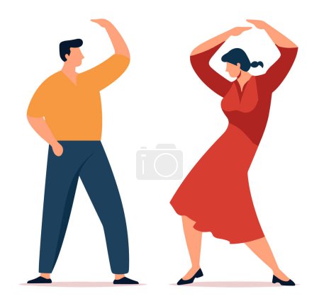 Man and woman dance flamenco, male in orange shirt, female in red dress. Spanish dance performance, passion and traditional culture vector illustration.