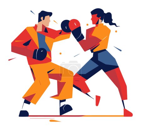Male and female boxers in a boxing match. Energetic boxing stance, competitive sports illustration. Gender equality in sports theme, vector illustration.