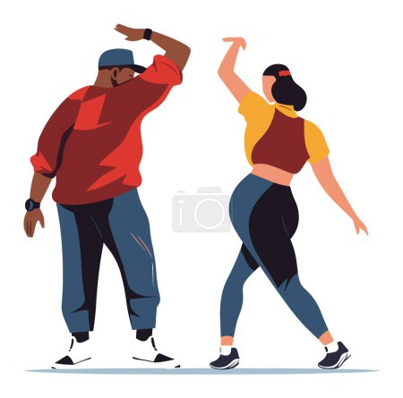 Illustration for African-American man and Caucasian woman dancing hip hop. Dancers performing modern dance moves. Urban street dance duo vector illustration. - Royalty Free Image