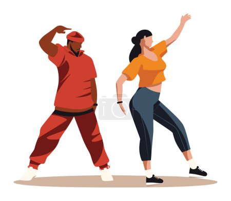 Illustration for African man and Caucasian woman dancing hip hop. Energetic young adults in casual clothing performing street dance moves. Urban culture and dance lifestyle vector illustration. - Royalty Free Image