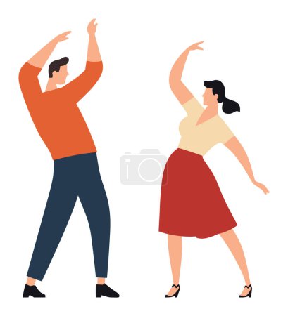 Man and woman dancing together, casually dressed, simple flat design. Joyful couple performing dance moves, modern style vector illustration.