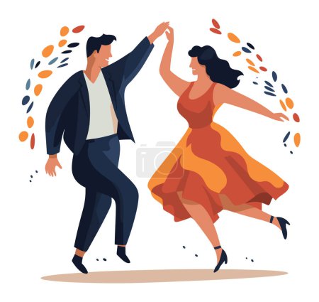 Pareja hispana bailando salsa, hombre de traje, mujer vestida de rojo. Humor festivo, movimiento dinámico, ilustración alegre del vector de la danza.