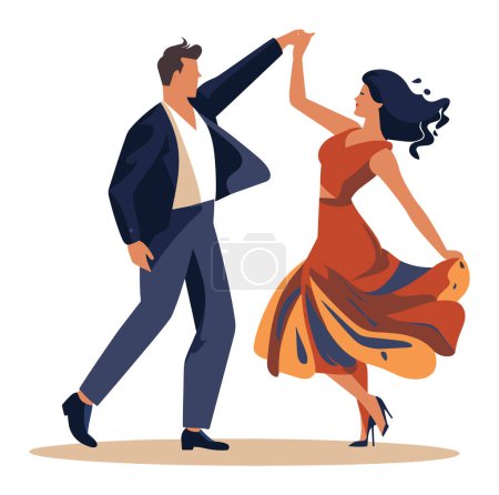 Elegante pareja bailando salsa. Hombre de traje que lleva a la mujer en vestido rojo girando. Ilustración de vectores de danza y romance latinoamericanos.