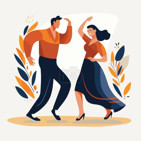 Hispanic couple dancing salsa joyfully, man in hat, woman in flowing dress. Latin dance, cultural celebration, festive mood vector illustration.