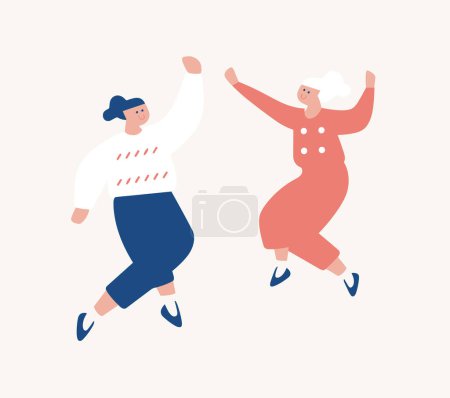 Two young women dancing joyfully, one in blue pants and other red dress. Happy friends celebrating. Joy and friendship concept vector illustration.
