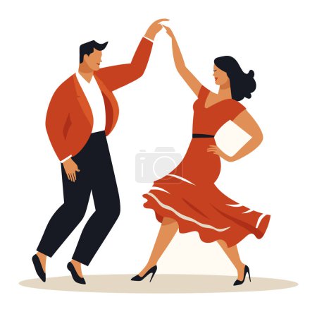 Paar tanzt Salsa in stilvollen Kleidern. Latino-Männer und -Frauen führen Tanzschritte vor. Leidenschaftliche Tanzpartner in Performance-Vektor-Illustration.