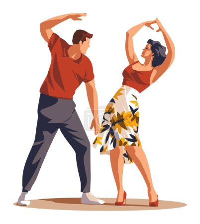 Couple dancing salsa with joyful expression. Man in red shirt, woman in floral dress enjoy dance. Latin American dance and couple fun activities vector illustration.