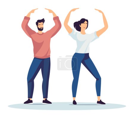 Man woman doing morning fitness exercise, wearing casual workout gear, showing positive energy. Couple practicing wellness routine vector illustration
