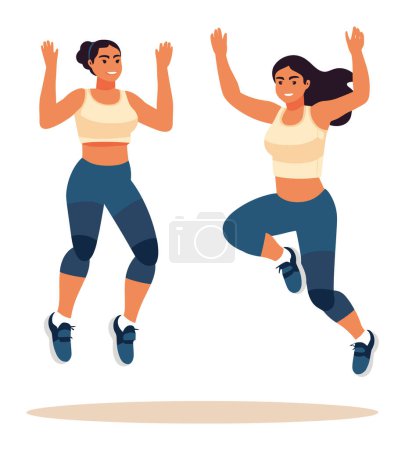 Illustration for Two women dancing energetically, one light skin, dark hair yellow top, another darker skin white top. Friends having fun, dancing together, joyful weekend activity vector illustration - Royalty Free Image