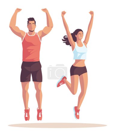 Male female athletes celebrate victory raised arms. Fit couple happy after workout. Joy success fitness training vector illustration