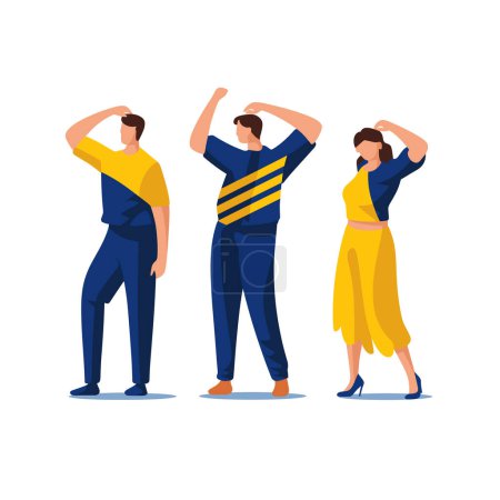 Two men woman doing stretching exercises, dressed blue yellow sporty clothing. Fitness workout routine, group activity, health concept vector illustration