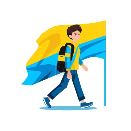 Young male backpack walking confidently large flag. Casual dressed teenager carries national flag shoulder. Patriotism pride concept vector illustration