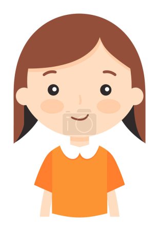 Young girl brown hair orange shirt, neutral expression. Child character design, simple kids illustration vector