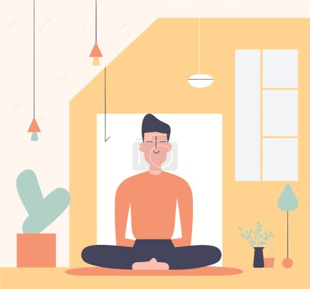 Hombre meditando pacíficamente plantas modernas. Carácter masculino practicando mindfulness en interiores. Meditación relajación hogar vector interior ilustración