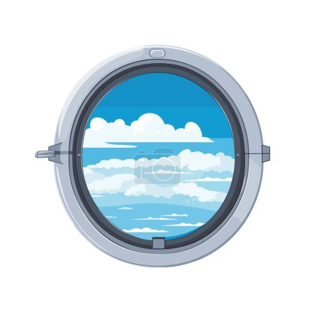 Airplane window view showing clouds blue sky. Cartoon style porthole serene sky scene. Travel aviation concept vector illustration