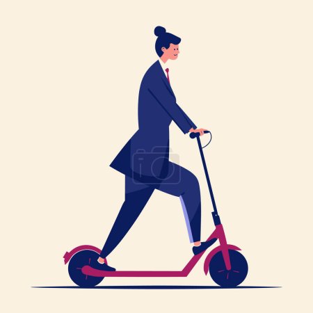 Businesswoman riding electric scooter, modern female executive suit, smiling professional escooter. Ecofriendly commute, urban lifestyle vector illustration