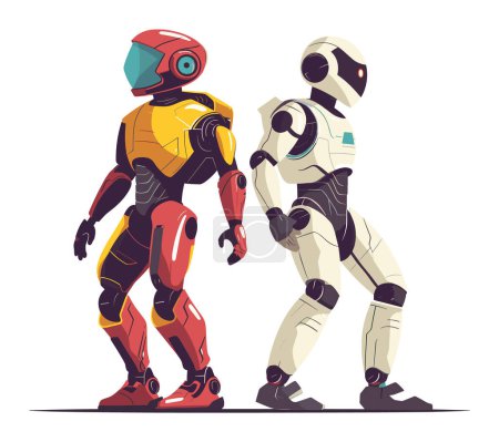 Ilustración de Dos robots futuristas, uno rojo amarillo otro blanco, de pie lado, concepto ai moderno. Ilustración de vectores de tecnología de inteligencia artificial - Imagen libre de derechos