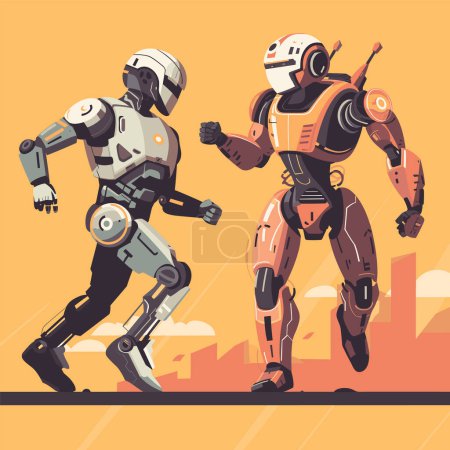 Two futuristic robots running, one white one orange, race against city skyline backdrop. Athletic robots competition concept vector illustration
