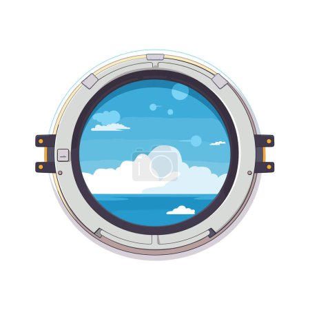 Airplane window view showing clouds blue sky. Cartoon style porthole serene sky scene. Travel aviation concept vector illustration
