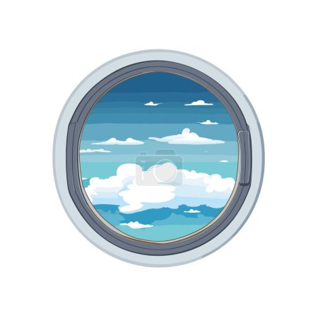 Vue de la fenêtre de l'avion montrant nuages ciel bleu. Cartoon style hublot ciel serein scène. Illustration vectorielle du concept aviation de voyage