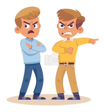 Illustration for Two angry men pointing fingers confronting other. Cartoon characters dispute aggressive gestures. Conflict resolution emotions management vector illustration - Royalty Free Image
