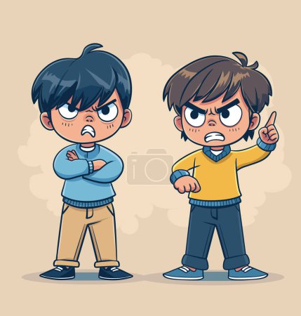 Illustration for Two cartoon boys arguing, one arms crossed, another pointing finger, angry expressions. Kids dispute, conflict, brotherhood issues vector illustration - Royalty Free Image