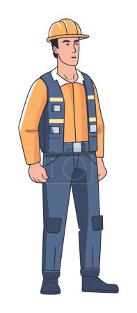 Bauarbeiter steht selbstbewusst da, Schutzhelm, blau-orange Uniform. Facharbeiter, Sicherheitsausrüstung, Darstellung des Baustellenvektors