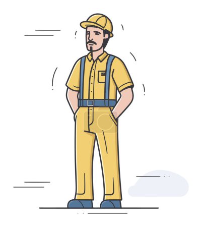 Caucasian male construction worker standing confidently. Adult man yellow hard hat workwear, hands hips. Professional tradesman character. Skilled labor industry vector illustration