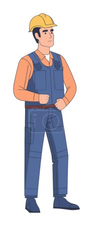 Construction worker blue overalls yellow helmet stands confidently. Professional builder engineer, construction industry representation vector illustration