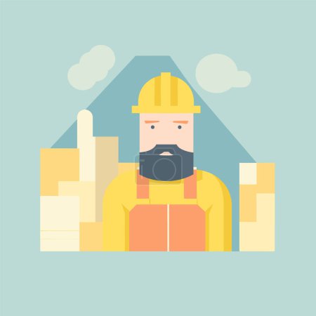 Bearded construction worker helmet standing front building site. Serious male builder safety gear uniform vector illustration