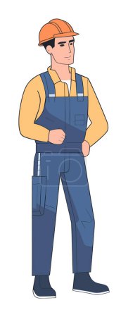 Construction worker orange helmet blue overalls standing confidently. Male builder safety gear ready work. Labor job construction safety vector illustration