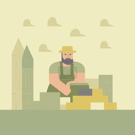 Illustration for Bearded man hat laying bricks, constructing wall. Builder construction site, minimalistic style. Construction work architecture vector illustration - Royalty Free Image