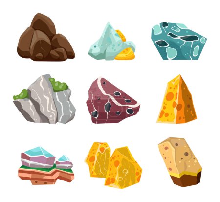 Illustration for Colorful collection cartoon rocks minerals. Geology nature themed design elements. Various stones crystals vector illustration - Royalty Free Image