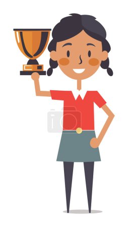 Illustration for Cartoon girl holding trophy pride, happy young female winner. Success achievement concept vector illustration - Royalty Free Image