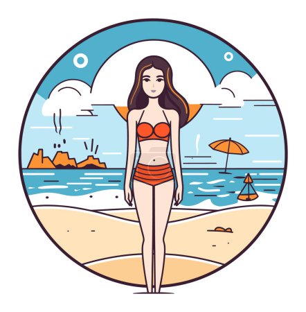Ilustración de Mujer joven bikini naranja de pie playa mar, arena, sombrilla. Vacaciones de verano belleza femenina. Relajante ilustración vector de vacaciones junto al mar - Imagen libre de derechos