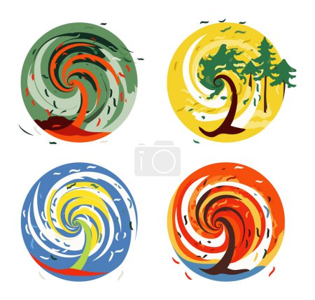 Set vier farbenfrohe abstrakte Baumwirbel. Künstlerische saisonale Baumdarstellungen Frühling, Sommer, Herbst, Winter. Naturzyklus Konzept Vektor Illustration