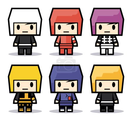Six cute cartoon characters oversized heads simple bodies, various hairstyles colors. Cute colorful character design, cartoon people collection vector illustration
