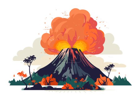 Téléchargez les illustrations : Éruption du volcan explosion vibrante, lave, fumée. Scène tropicale palmiers flore. Illustration vectorielle d'événement de nature catastrophique - en licence libre de droit